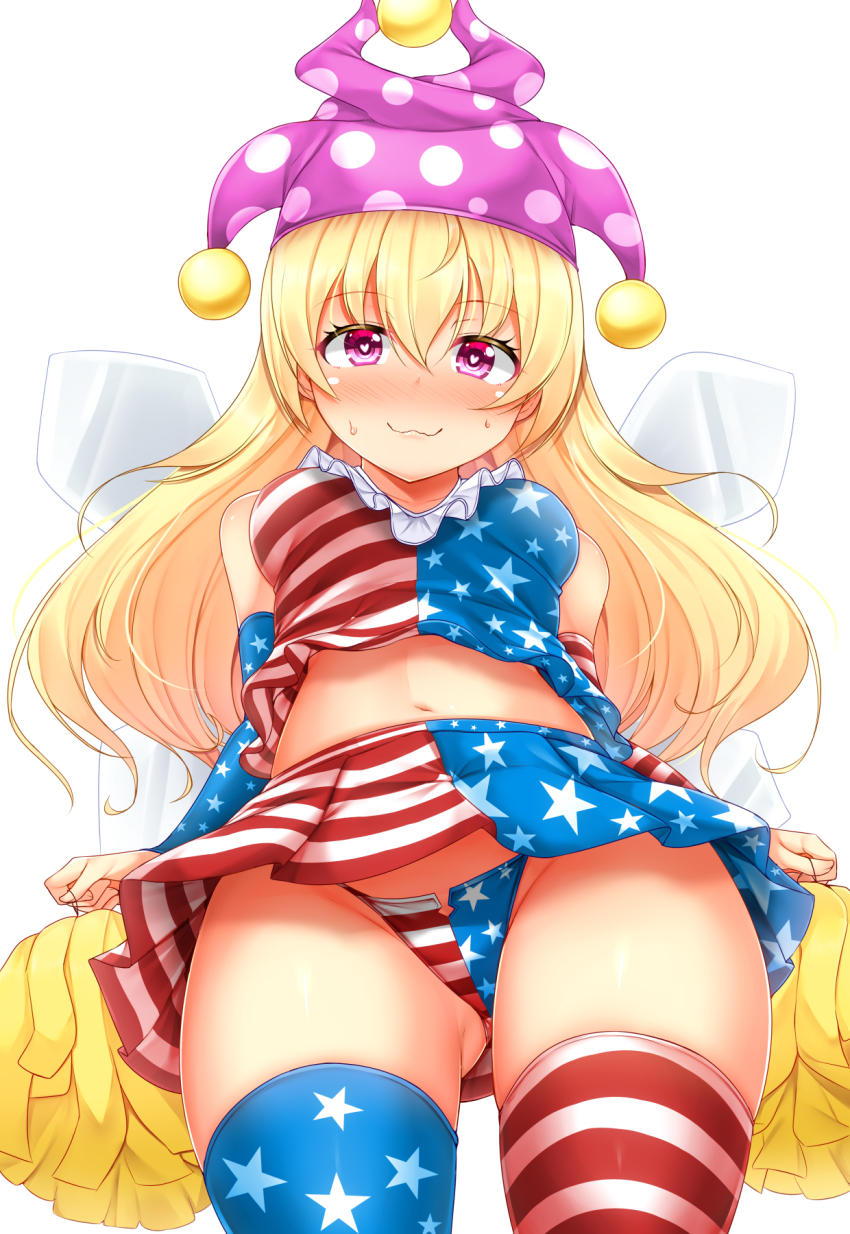 1girl, :3, adapted_costume, american_flag, american_flag_legwear, american_flag_panties, american_flag_print, american_flag_shirt, american_flag_skirt, asymmetrical_legwear, bare_shoulders, blonde_hair, blue_legwear, blue_panties, blue_shirt, blue_skirt, blush, cheerleader, clownpiece, commentary_request, cowboy_shot, crop_top, daichi_(tokoya), detached_sleeves, fairy_wings, female_focus, flag_print, from_below, gluteal_fold, groin, hair_between_eyes, hat, heart, heart-shaped_pupils, highres, holding, holding_pom_poms, jester_cap, long_hair, long_sleeves, looking_at_viewer, midriff, miniskirt, mismatched_legwear, navel, neck_ruff, nose_blush, panties, pantyshot, pleated_skirt, polka_dot, polka_dot_headwear, pom_pom_(cheerleading), pom_poms, print_panties, print_shirt, print_skirt, purple_eyes, purple_hat, red_legwear, red_panties, red_shirt, red_skirt, shirt, simple_background, skirt, skirt_set, sleeveless, sleeveless_shirt, smile, solo, standing, star_(symbol), star_print, stomach, striped_clothes, striped_legwear, striped_panties, striped_shirt, striped_skirt, striped_thighhighs, sweat, symbol-shaped_pupils, thighhighs, thighs, touhou, underwear, white_background, white_legwear, white_panties, white_shirt, white_skirt, wings