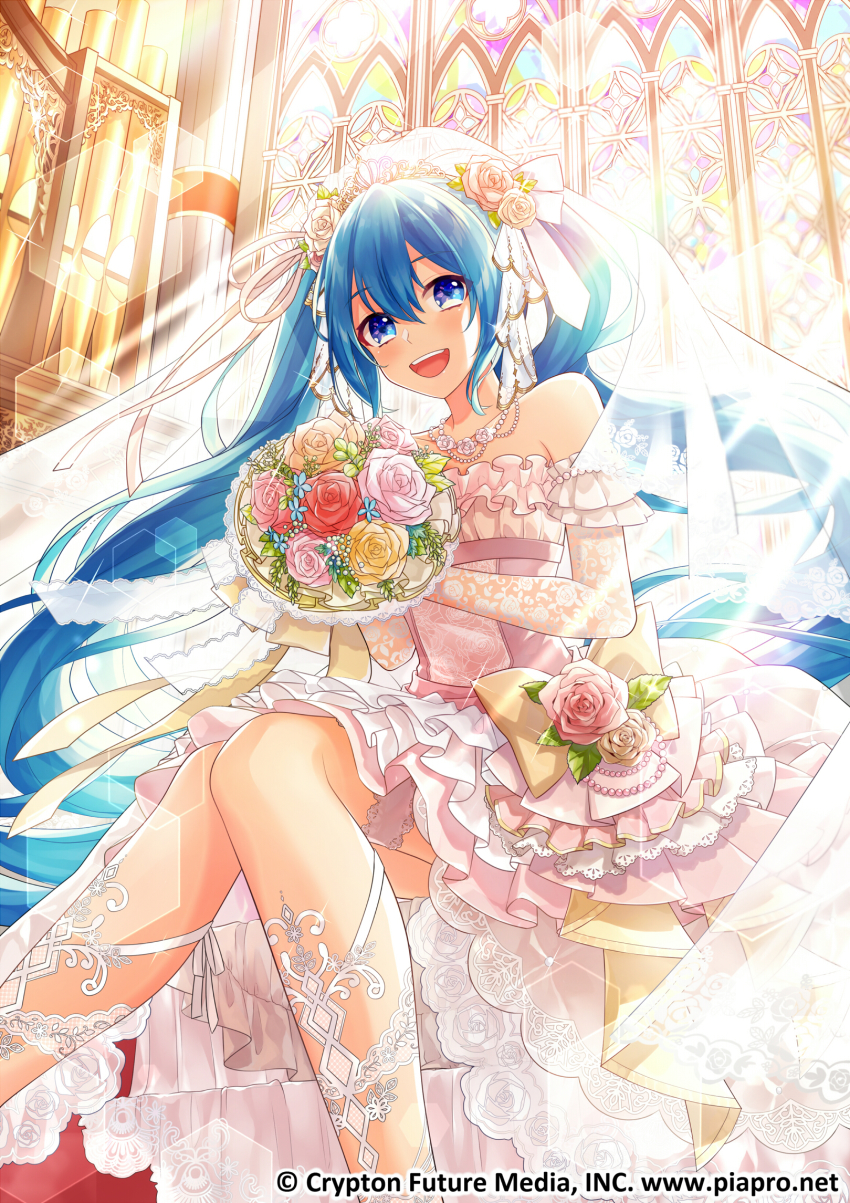 1girl, :d, bare_shoulders, blue_eyes, blue_hair, bouquet, commentary, dress