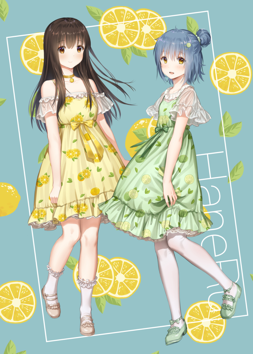2girls, :d, artist_name, bare_shoulders, blue_background, blue_hair, blush, brown_coat, brown_dress, brown_eyes, brown_footwear, brown_hair, closed_mouth, coat, collarbone, commentary_request, dress, food, food_background, food_print, frilled_legwear, fruit, fruit_print, green_dress, green_footwear, hair_between_eyes, hair_bun, hair_ornament, hairclip, haneru, haori_haruki, highres, himino_seika, himitsu_no_jugyou, lemon, lemon_print, lemon_slice, lime_print, long_hair, multiple_girls, off-shoulder_dress, off_shoulder, open_mouth, original, pantyhose, see-through_clothes, see-through_sleeves, shoes, single_hair_bun, smile, socks, white_legwear