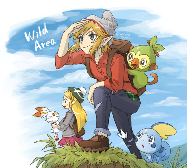 1boy, 1girl, backpack, bag, blonde_hair, blue_eyes, cardigan, cosplay