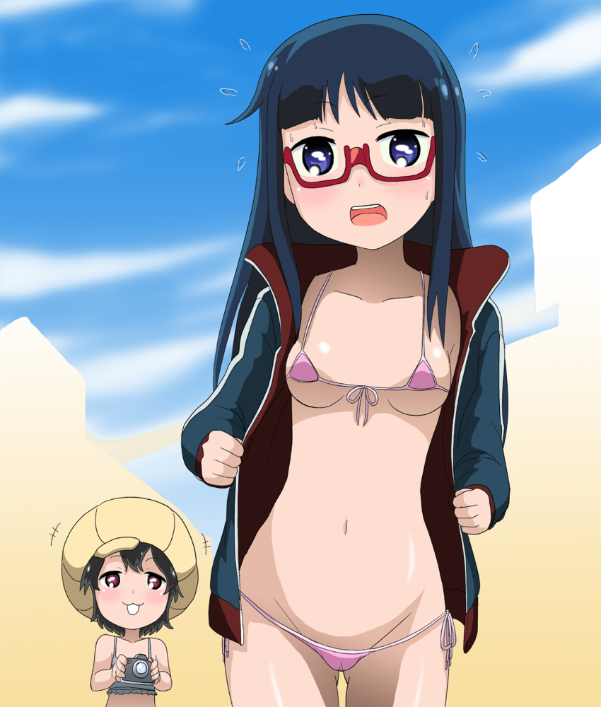 2girls, bikini, black_hair, blue_eyes, blue_hair, blue_jacket, blue_sky, blunt_bangs, blush, breasts, breasts_apart, building, cameltoe, camera, cloud, cloudy_sky, collarbone, day, denki-gai_no_hon'ya-san, embarrassed, female_pervert, foreshortening, frilled_swimsuit, frills, front-tie_bikini_top, front-tie_top, glasses, gluteal_fold, grey_one-piece_swimsuit, groin, heart, heart-shaped_pupils, highres, holding, holding_camera, jacket, kameko_(denki-gai), long_hair, looking_at_viewer, micro_bikini, multiple_girls, navel, one-piece_swimsuit, open_clothes, open_jacket, open_mouth, outdoors, pervert, pink_bikini, purple_eyes, red-framed_eyewear, round_teeth, semi-rimless_eyewear, sensei_(denki-gai), shiny_skin, short_hair, side-tie_bikini_bottom, sidelocks, silhouette, sky, small_breasts, string_bikini, striped_clothes, striped_jacket, swimsuit, symbol-shaped_pupils, takaya_n, teeth, tongue, track_jacket, underboob, vertical-striped_clothes, vertical-striped_jacket, yellow_headwear