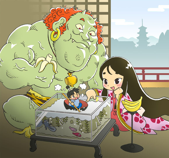 1boy, 1girl, age_difference, angry, aquarium, architecture, banana, black_hair, blush, china_dress, chinese_clothes, crossover, dress, east_asian_architecture, fish_tank, food, fruit, happy, indoors, issun-boushi, issun-boushi_(character), japanese_clothes, kabiinyo_(kab), kaguya-hime, kaguya_hime, kimono, layered_clothes, layered_kimono, long_hair, mallet, mini_person, miniboy, oni, open_mouth, original, playing, short_hair, shouji, sliding_doors, smile, tadpole, taketori_monogatari, window