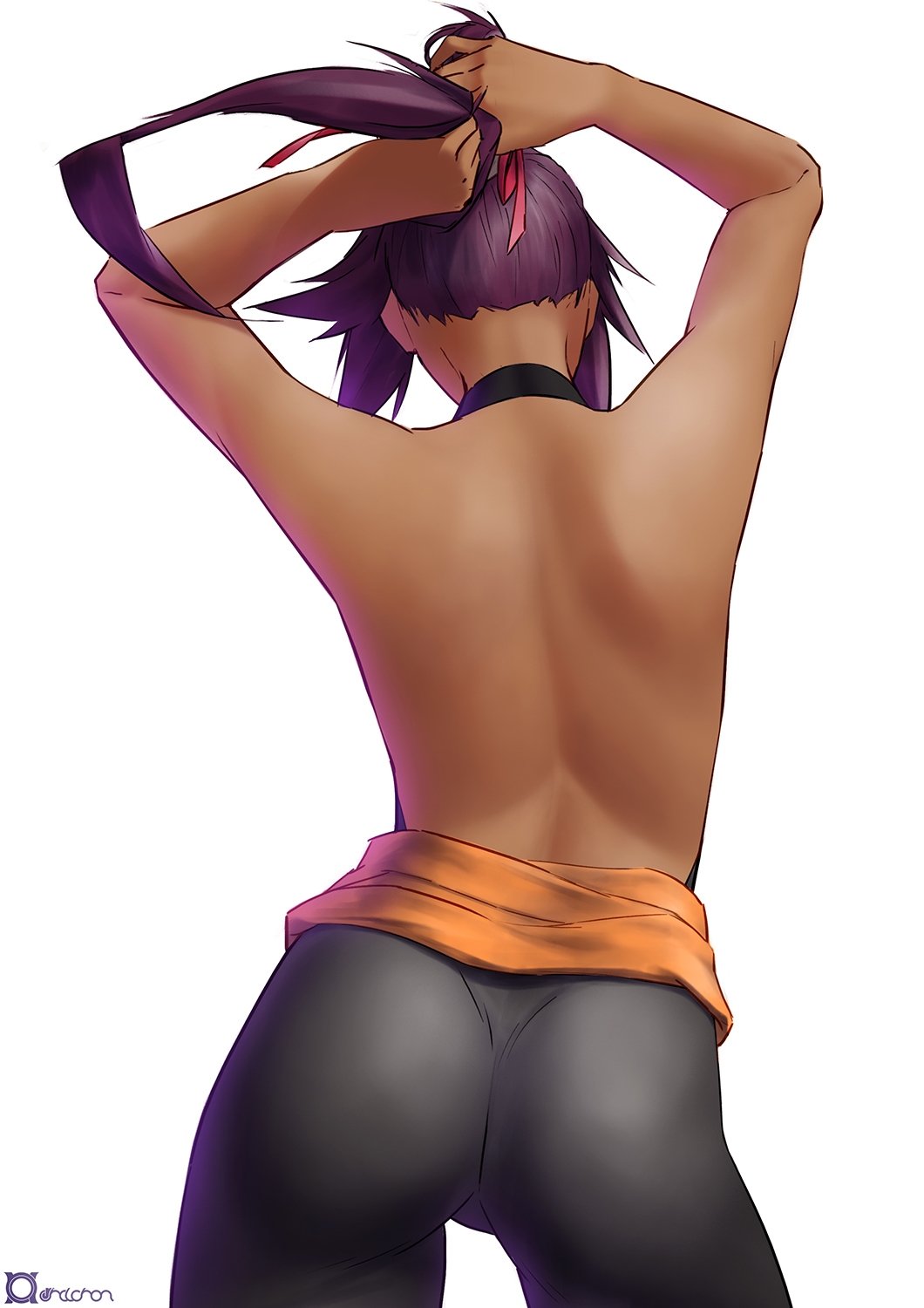 1girl, arms_behind_head, arms_up, ass, back, backless_outfit, bare_back, bleach, bodysuit, cowboy_shot, dark-skinned_female, dark_skin, female_focus, from_behind, hair_ribbon, halterneck, highres, long_hair, orange_shirt, orihalchon, pink_ribbon, ponytail, purple_hair, ribbon, shihouin_yoruichi, shirt, simple_background, solo, tight_clothes, white_background