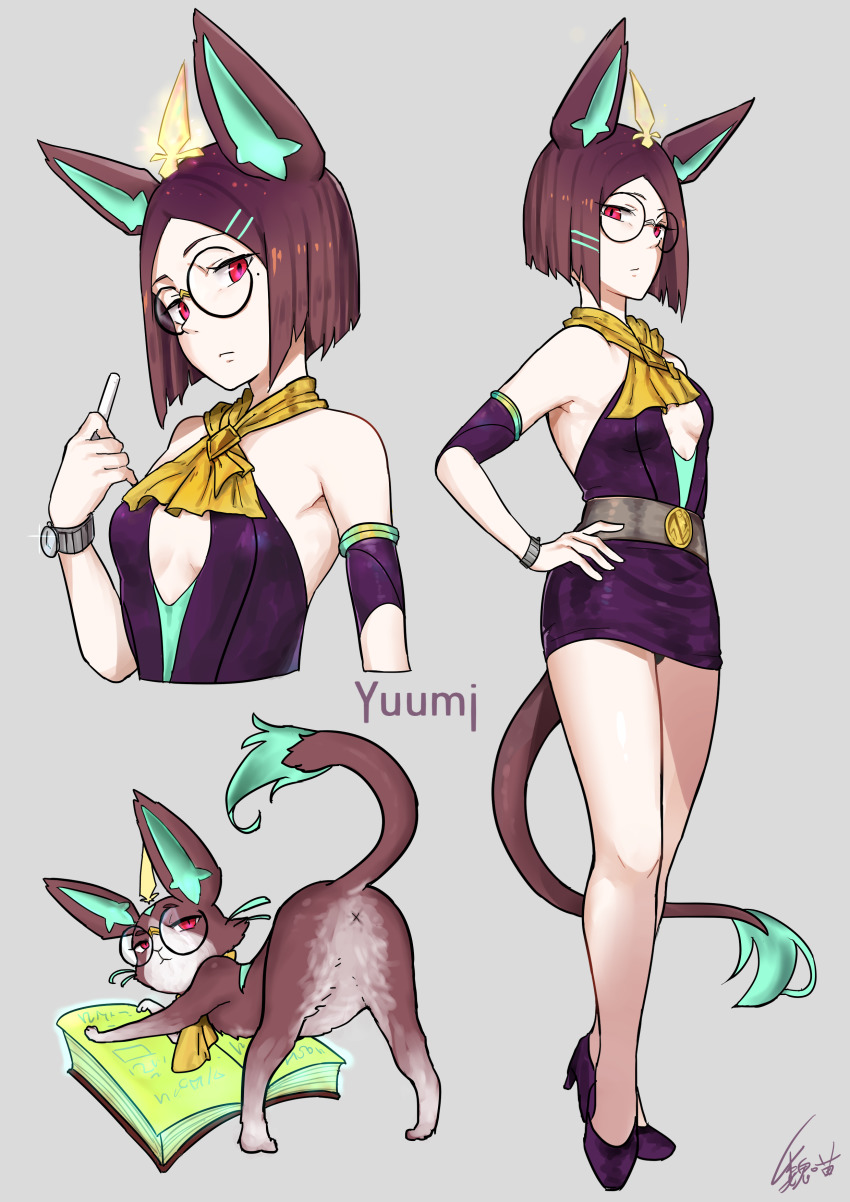 1girl, absurdres, alternate_costume, animal_ears, anus, battle_academia_(league_of_legends), battle_principal_yuumi, book, breasts, cat, cat_ears, cleavage, dual_persona, glasses, grey_background, hand_on_own_hip, high_heels, highres, humanization, league_of_legends, purple_eyes, round_eyewear, short_hair, simple_background, tail, yuumi_(league_of_legends)
