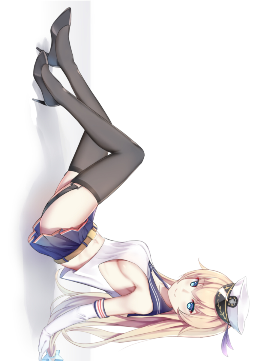 1girl, absurdres, armpits, bad_id, bad_pixiv_id, belt, black_footwear, black_thighhighs, blonde_hair, blue_eyes, blue_sailor_collar, blue_skirt, breasts, closed_mouth, commentary_request, elbow_gloves, enterprise_(warship_girls_r), female_focus, from_side, garter_straps, gloves, hat, hat_feather, high_heels, highres, jean.organ, legs_up, long_hair, looking_at_viewer, looking_to_the_side, low-tied_long_hair, medium_breasts, miniskirt, navel, peaked_cap, pleated_skirt, pumps, sailor_collar, school_uniform, serafuku, shirt, sideboob, skirt, sleeveless, sleeveless_shirt, smile, solo, thighhighs, top-down_bottom-up, very_long_hair, warship_girls_r, white_gloves, white_hat, white_shirt