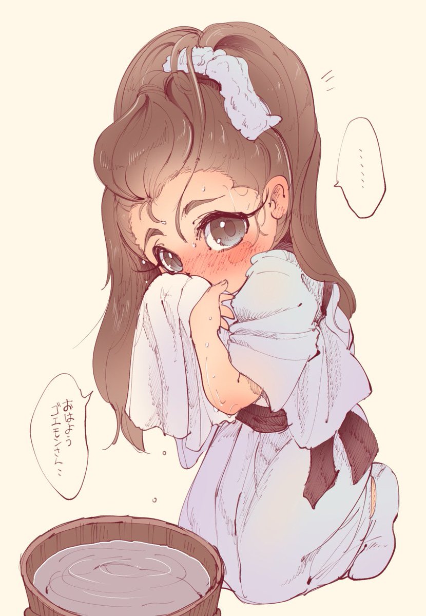 1girl, alternate_costume, alternate_hairstyle, blush, blush_stickers, brown_hair, bucket, bucket_of_water