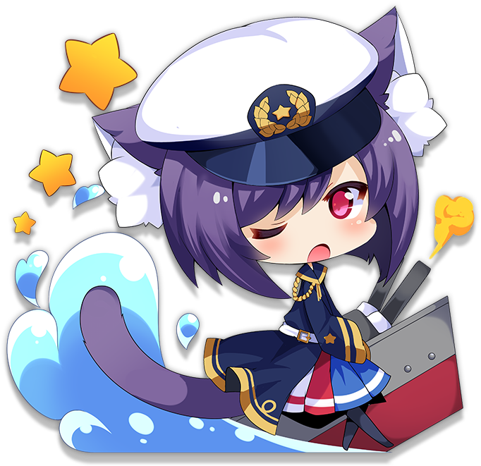 1girl, animal_ears, antenna_(azur_lane), azur_lane, belt, black_hair, black_pantyhose, blue_skirt, blush, cat_ears, cat_tail, chibi, female_focus, long_sleeves, looking_at_viewer, meowfficer_(azur_lane), multicolored_skirt, muuran, official_art, one_eye_closed, open_mouth, pantyhose, pink_eyes, red_skirt, skirt, solo, star_(symbol), tail, transparent_background, white_headwear