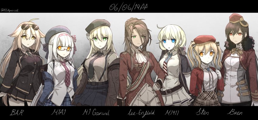 6+girls, absurdres, ahoge, averting_eyes, blouse, braid, brown_shirt, bsapricot