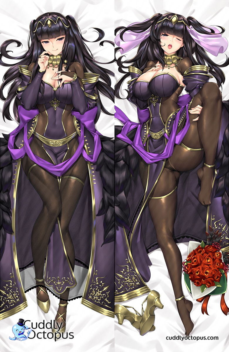 1girl, :q, ;o, bed_sheet, black_eyes, black_hair, blunt_bangs, blush, bodystocking, bouquet, breasts, bridal_gauntlets, cape, cleavage, commentary, covered_navel, cuddly_octopus, dakimakura_(medium), dress, english_commentary, fire_emblem, fire_emblem_awakening, flower, full_body, hand_on_own_chest, heart, high_heels, highres, jewelry, knee_up, large_breasts, licking_lips, long_hair, looking_at_viewer, matching_hair/eyes, multiple_views, nintendo, one_eye_closed, open_mouth, pelvic_curtain, shoes, unworn_shoes, smile, tharja_(obsessive_bride)_(fire_emblem), tharja_(fire_emblem), thighlet, tiara, tongue, tongue_out, tony_guisado, two_side_up, veil, watermark, web_address, wedding_dress