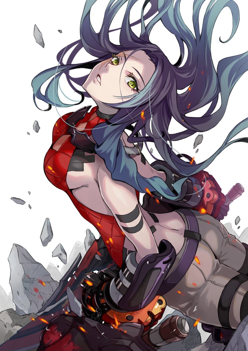 1girl, black_hair, breaking, breasts, female_focus, god_eater, gradient_hair, green_eyes