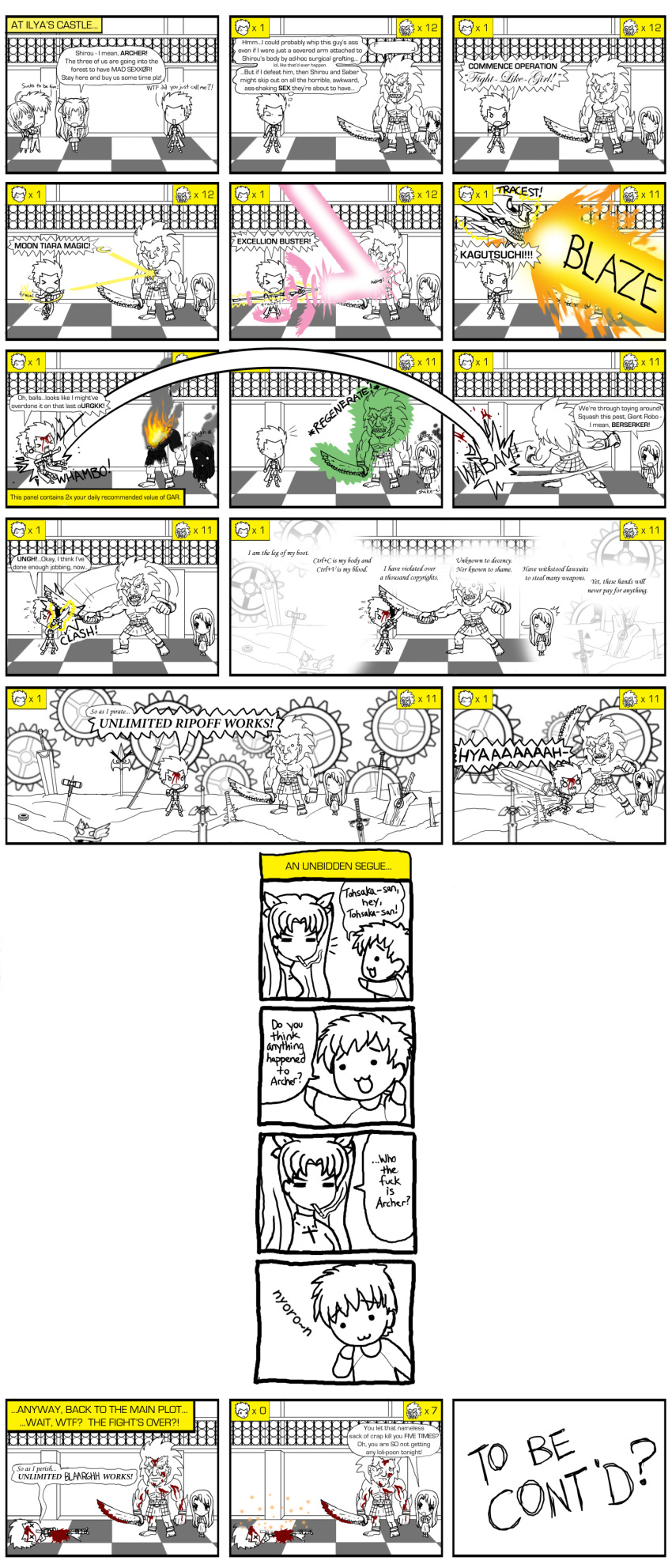 ._., .hack//, 2boys, 3girls, :3, absurdres, annotated, archer_(fate), artoria_pendragon_(fate), bandai, baseball_bat, berserk, bishoujo_senshi_sailor_moon, blue_shell_(mario), bokusatsu_tenshi_dokuro-chan, club, club_(weapon), comic, crossover, cyber_connect_2, disgaea, dragonslayer_(sword), emiya_shirou, english_text, epic, excalibolg, fate/stay_night, fate_(series), final_fantasy, final_fantasy_vii, graf_eisen, hard-translated, heracles_(fate), highres, illyasviel_von_einzbern, kanshou_&amp;_bakuya_(fate), long_image, lyrical_nanoha, mahou_shoujo_lyrical_nanoha, mario_(series), mario_kart, master_sword, meme, multiple_boys, multiple_crossover, multiple_girls, multiple_weapons, my-hime, nail_(hardware), nail_bat, nintendo, nyoro~n, o3o, parody, raising_heart, saber_(fate), slayers, soul_calibur, soul_edge, soul_edge_(weapon), soulcalibur, spiked_club, summary, sword, tall_image, the_legend_of_zelda, third-party_edit, thundercats, tohsaka_rin, unlimited_blade_works_(reality_marble), velox, weapon