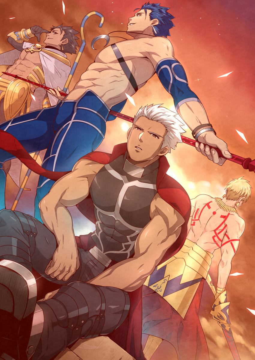 4boys, abs, absurdres, archer_(fate), arm_tattoo, armor, armpits, back_tattoo
