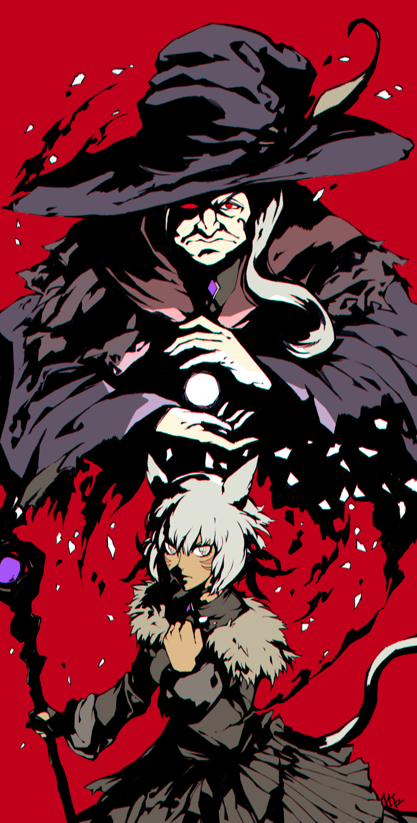 2girls, absurdres, animal_ears, black_mage_(final_fantasy), cat_ears, cloak, closed_mouth, dark-skinned_female