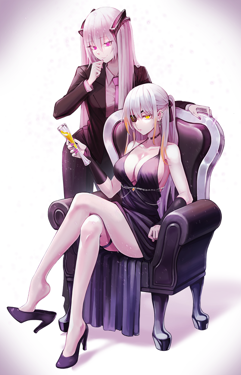 2girls, armchair, bad_id, bad_pixiv_id, beak_(girls'_frontline), black_dress, breasts, chair