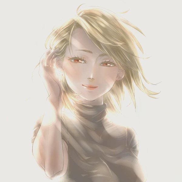 1girl, arm_at_side, backlighting, black_shirt, blonde_hair, blurry, blush, bokeh