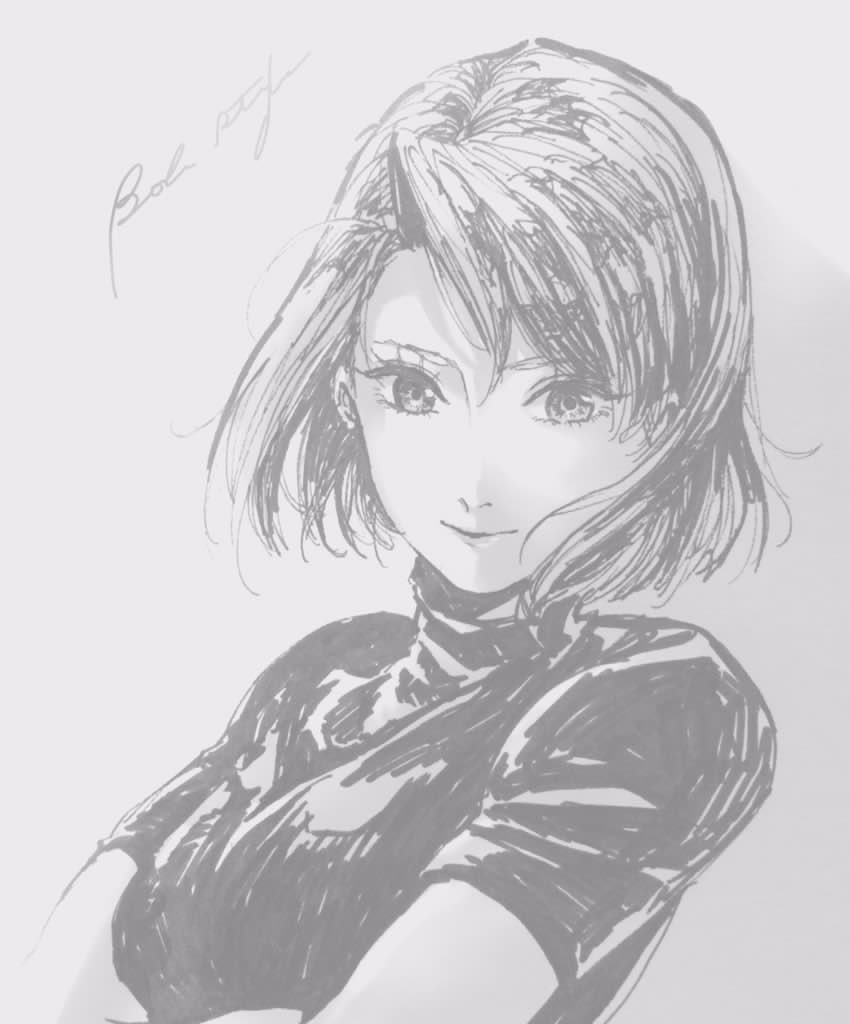 1girl, black_shirt, breasts, eyelashes, female_focus, floating_hair, fullmetal_alchemist, grey_background, greyscale, happy, kachohuugetsu, looking_at_viewer, medium_breasts, monochrome, riza_hawkeye, shaded_face, shadow, shirt, short_hair, short_sleeves, simple_background, smile, solo, text_focus, upper_body