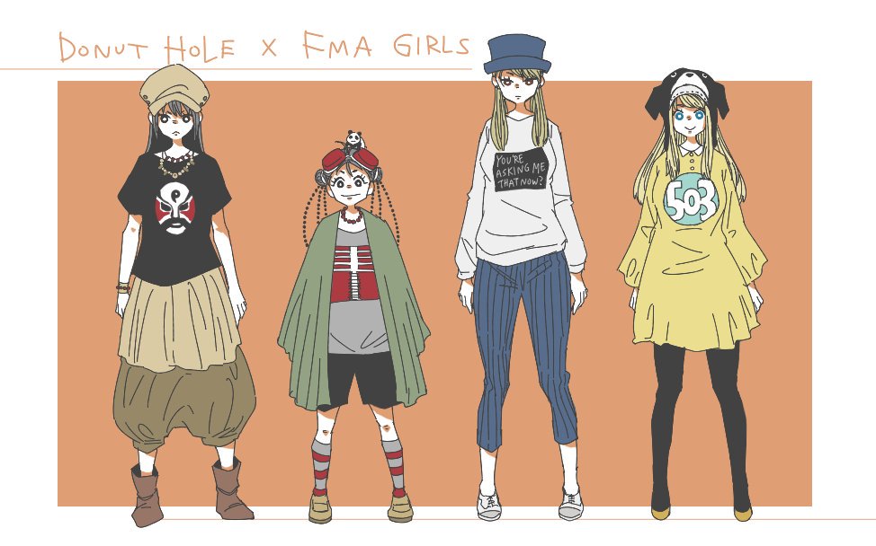 4girls, :>, :<, animal, animal_on_head, arms_at_sides, baggy_pants, beret