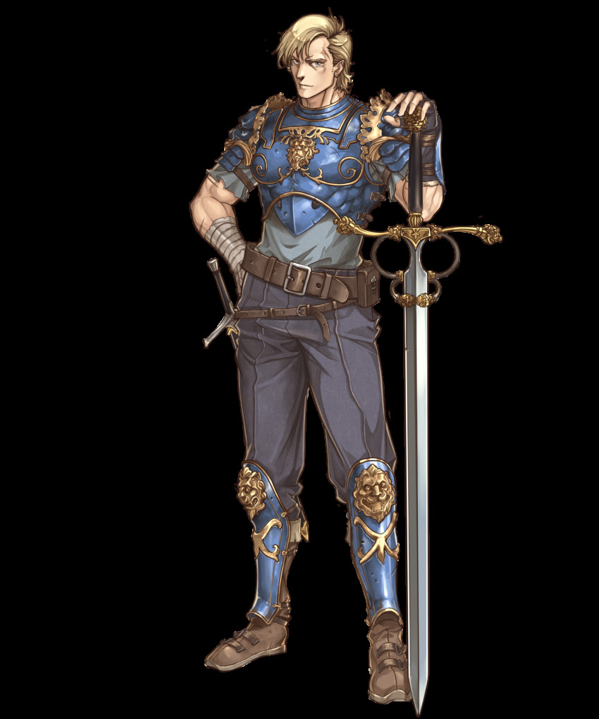 1boy, amiba_(nerdamiba), armor, belt, black_gloves, blonde_hair, blue_armor, brown_footwear, chulainn_(fire_emblem), fingerless_gloves, fire_emblem, fire_emblem:_genealogy_of_the_holy_war, fire_emblem_heroes, full_body, gloves, gold_trim, greaves, hand_on_own_hip, highres, looking_at_viewer, male_focus, nintendo, pants, pouch, simple_background, solo, standing, sword, transparent_background, weapon
