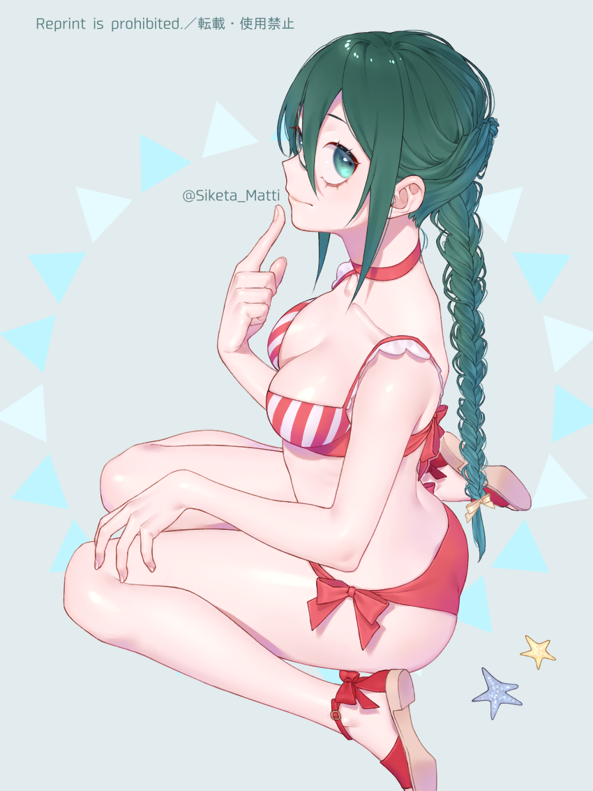 1girl, ankle_bow, ankle_ribbon, ass, asui_tsuyu, bikini, blue_eyes, boku_no_hero_academia