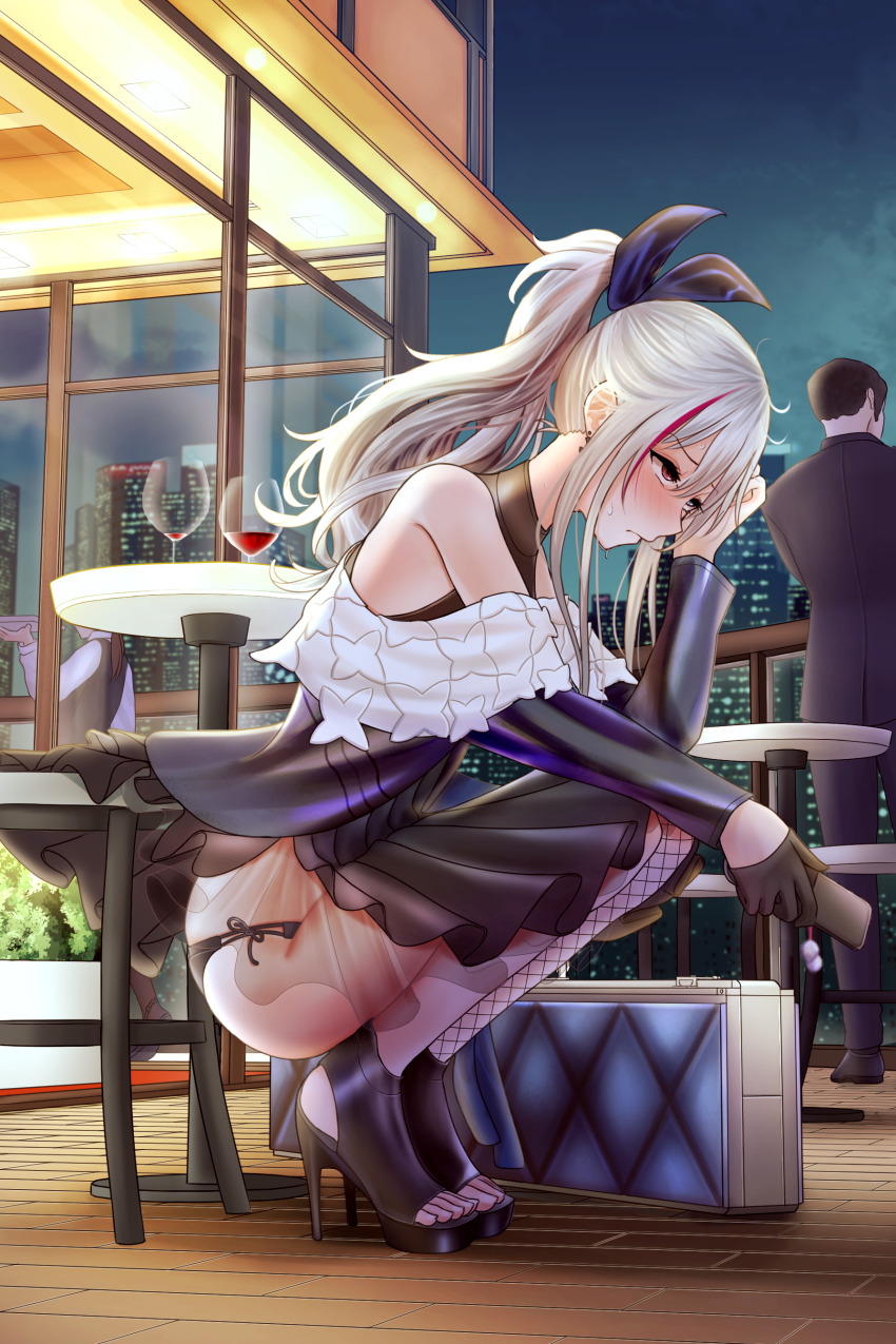 1boy, 1girl, 1other, absurdres, alternate_costume, alternate_hairstyle, asymmetrical_legwear, bad_id, bad_pixiv_id, balcony, bare_shoulders, black_footwear, black_gloves, black_panties, black_pantyhose, black_ribbon, blue_eyes, blush, cellphone, cityscape, cup, dress, drinking_glass, earrings, fishnet_pantyhose, fishnets, flip_phone, full_body, girls'_frontline, gloves, grey_hair, hair_ribbon, half_gloves, heterochromia, high_heels, highres, holding, holding_phone, jewelry, layered_dress, long_hair, mdr_(cocktail_observer)_(girls'_frontline), mdr_(girls'_frontline), multicolored_hair, night, official_alternate_costume, panties, pantyhose, phone, pink_eyes, pink_hair, purple_dress, ribbon, see-through_clothes, shawl, shoes, side-tie_panties, sidelocks, single_leg_pantyhose, squatting, streaked_hair, sweatdrop, toeless_footwear, turisasu, underwear, uneven_legwear, wine_glass