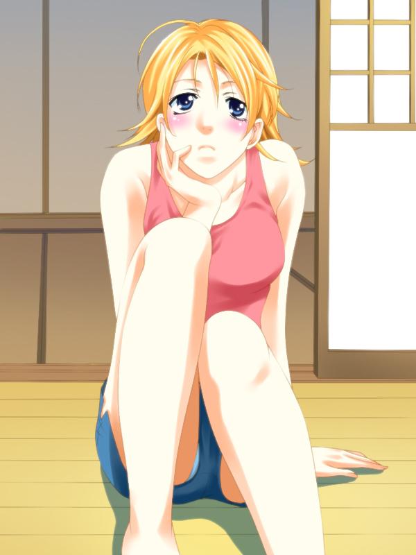 1girl, bare_legs, bare_shoulders, blonde_hair, blue_eyes, blush, breasts, female_focus