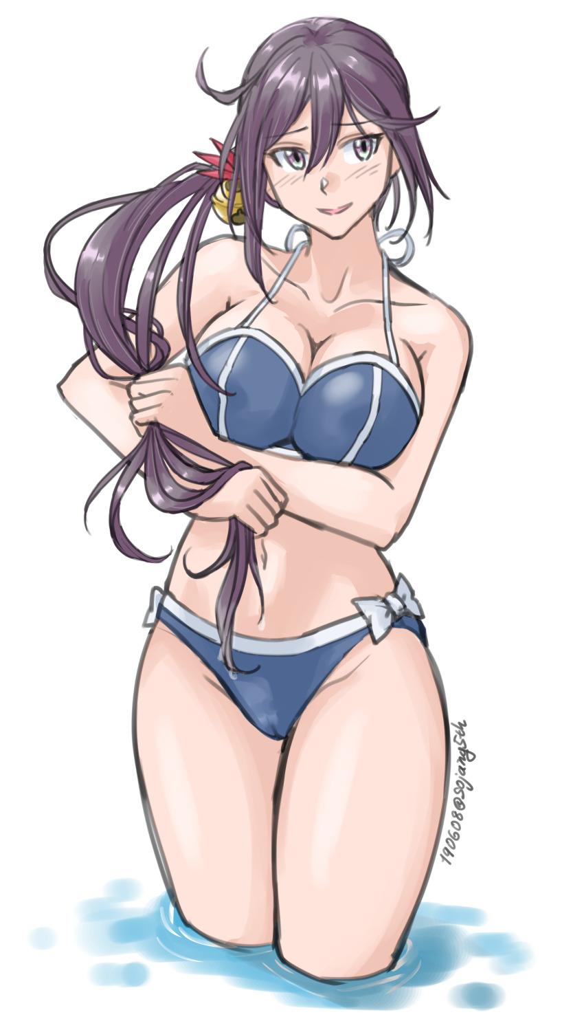 1girl, absurdres, aged_up, akebono_(kancolle), akebono_(pm_swimsuit)_(kancolle), alternate_breast_size_(larger), bell, bikini