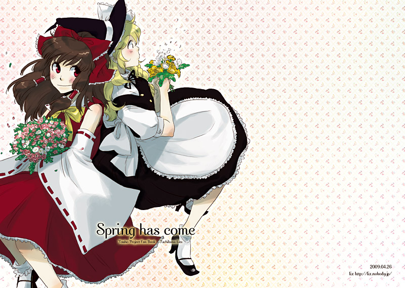 2girls, bad_id, bad_pixiv_id, blonde_hair, blush, bow, braid, brown_hair, detached_sleeves, english_text, female_focus, flower, hakurei_reimu, hat, japanese_clothes, kirisame_marisa, miko, multiple_girls, red_eyes, socks, tachibanarita, touhou, witch, witch_hat