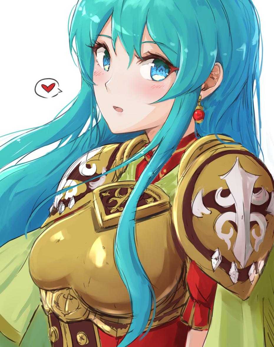 1girl, aqua_hair, armor, blue_eyes, blush, breastplate, cape, earrings