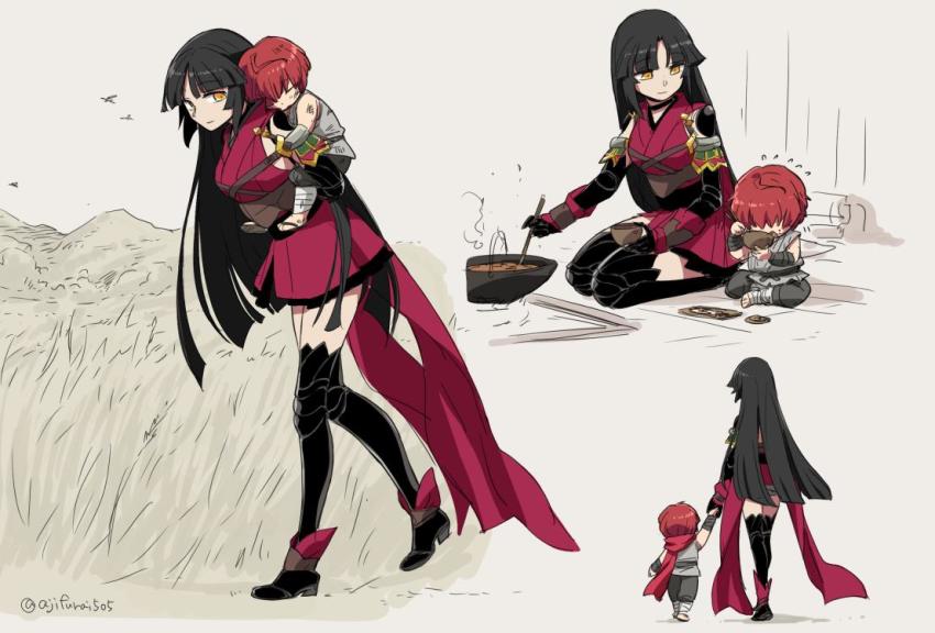 1boy, 1girl, aged_down, asaya_minoru, bare_shoulders, black_footwear, black_gloves, black_hair