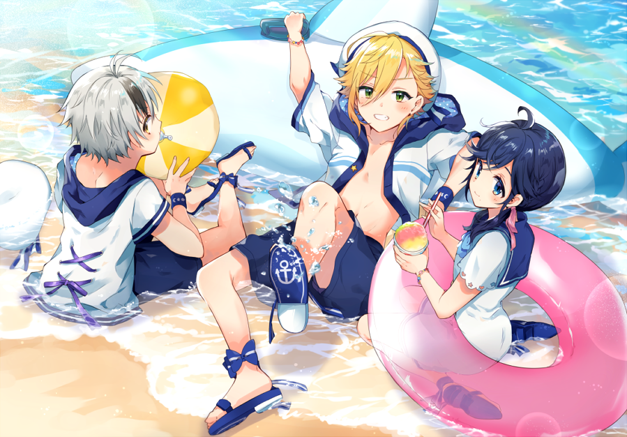1girl, 2boys, ahoge, bad_id, bad_twitter_id, ball, beach, beachball