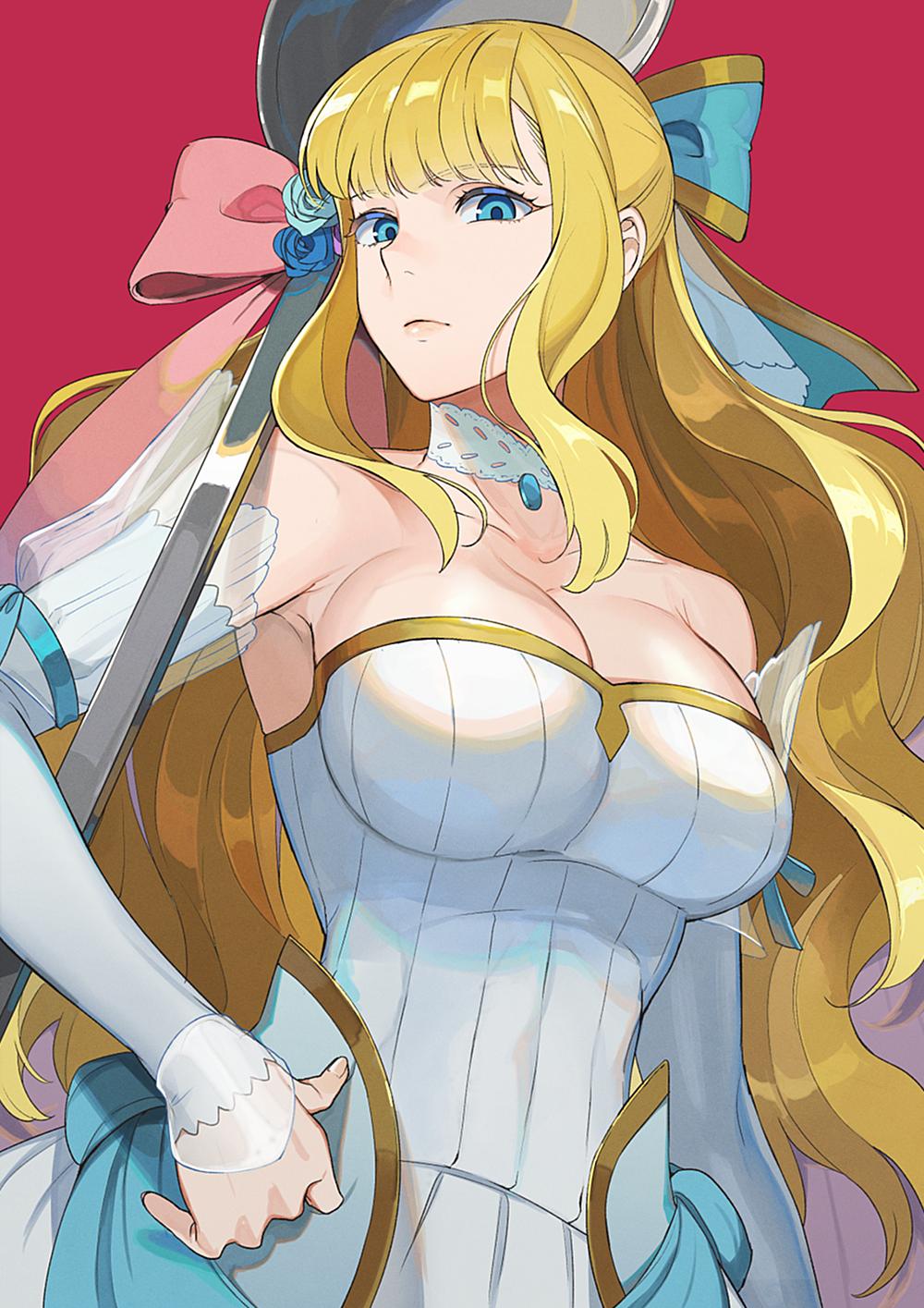 1girl, alternate_costume, armpits, bare_shoulders, blonde_hair, blue_eyes, bow, breasts, bridal_gauntlets, charlotte_(fire_emblem), charlotte_(money_maiden)_(fire_emblem), cleavage, collarbone, cowboy_shot, dress, expressionless, female_focus, fire_emblem, fire_emblem_fates, fire_emblem_heroes, flower, gloves, hair_bow, hair_flower, hair_ornament, hand_on_own_hip, highres, kyufe, large_breasts, lips, long_hair, looking_at_viewer, nintendo, oversized_object, red_background, simple_background, solo, spoon, wedding_dress, white_dress, white_gloves