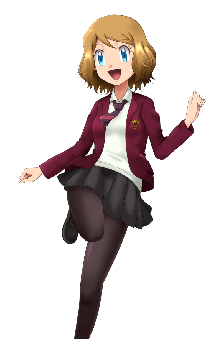 1girl, :d, black_pantyhose, black_shoes, black_skirt, blue_eyes, brown_hair, collared_shirt, cosplay, female_focus, full_body, jacket, lass_(pokemon), lass_(pokemon)_(cosplay), lass_(pokemon_swsh), leg_up, loafers, miniskirt, necktie, nintendo, open_clothes, open_jacket, open_mouth, pantyhose, pleated_skirt, pokemon, pokemon_(anime), pokemon_the_series:_xy, purple_necktie, red_jacket, school_uniform, serena_(pokemon), shirt, shoes, short_hair, short_necktie, skirt, smile, solo, standing, standing_on_one_leg, swept_bangs, transparent_background, white_shirt, wing_collar, zeki231