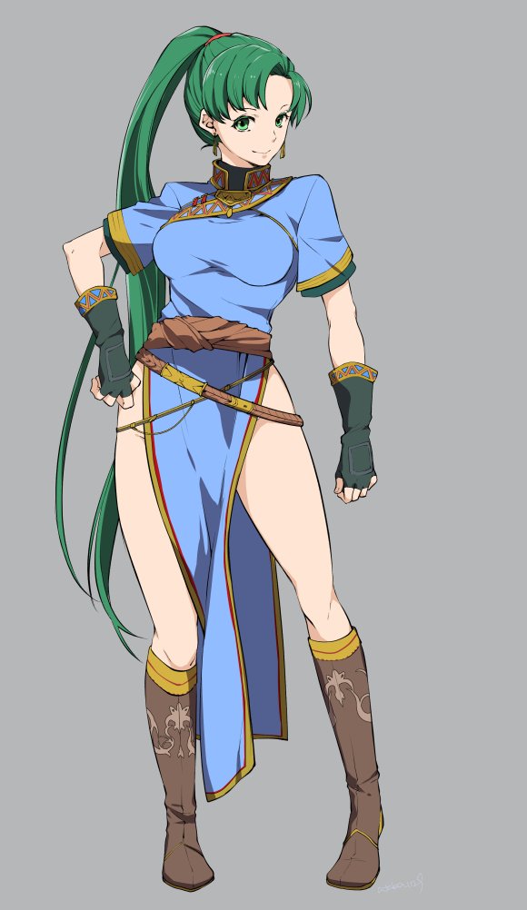 1girl, asymmetrical_bangs, ataka_takeru, bare_legs, black_gloves, blue_dress, boots, breasts