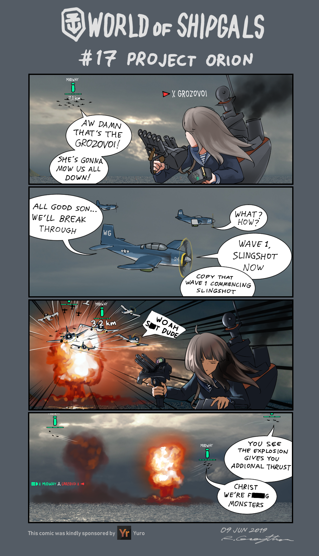 1girl, 4koma, ahoge, aircraft, btd-1_destroyer, censored, censored_text, closed_eyes, cloud, cloudy_sky, comic, commentary, dated, emphasis_lines, english_commentary, english_text, explosion, female_focus, gameplay_mechanics, grey_hair, grozovoi_(greythorn032), highres, holding, long_hair, machinery, mast, motion_lines, mushroom_cloud, nuclear_weapon, ocean, original, ryan_greythorn, school_uniform, serafuku, shirt, signature, sky, smoke, smokestack, solo, speech_bubble, striped_clothes, striped_shirt, telnyashka, torpedo_launcher, turret, water, weapon_of_mass_destruction, world_of_warships