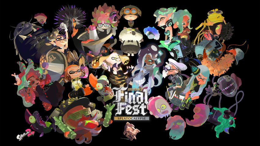 absurdres, agent_3_(splatoon), agent_4_(splatoon), agent_8_(splatoon), annie_(splatoon), beret, bizen_(splatoon), black_background
