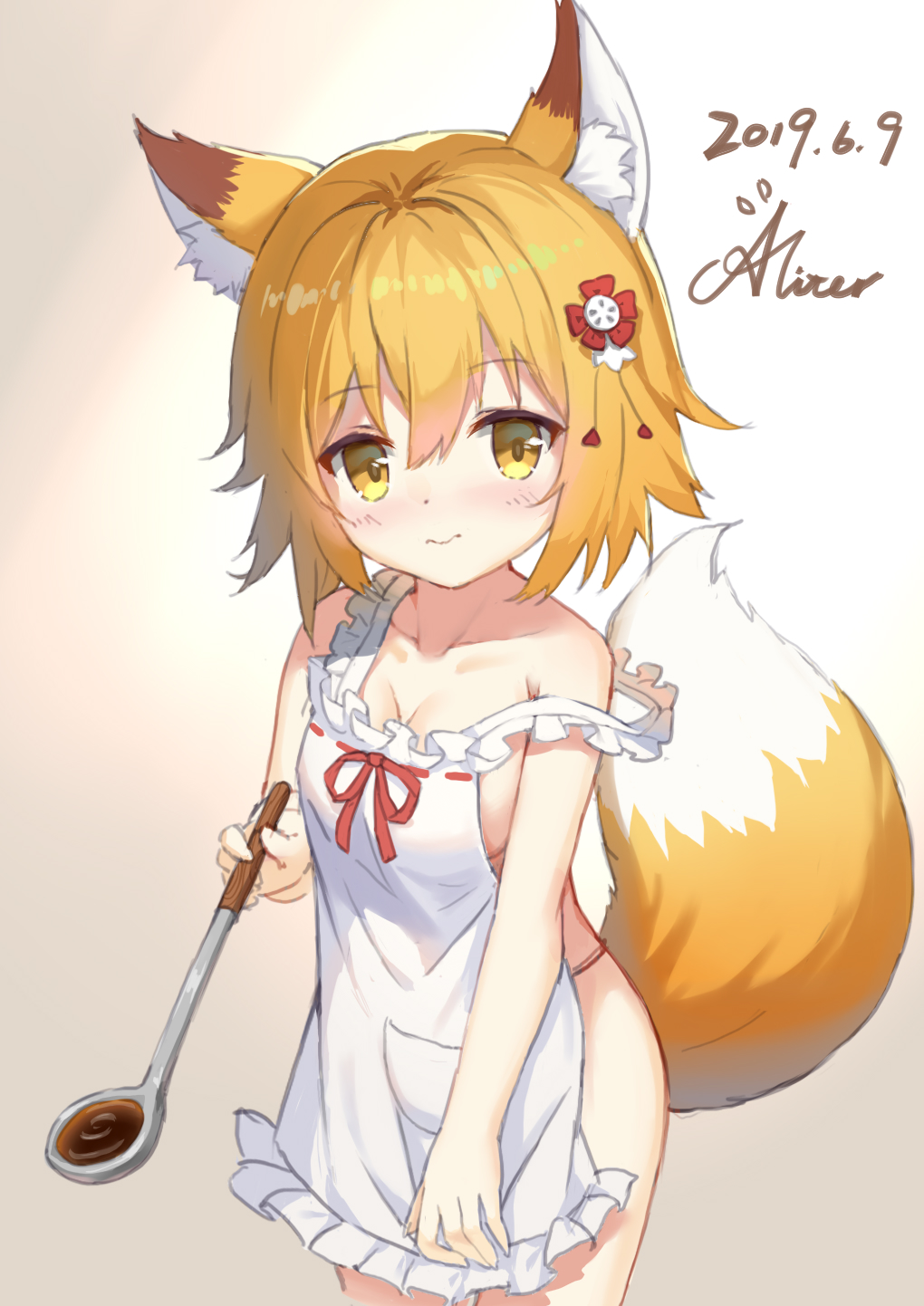 1girl, aliter, animal_ear_fluff, animal_ears, apron, bare_arms, bare_shoulders, blonde_hair, blush, breasts, brown_background, brown_eyes, cleavage, closed_mouth, collarbone, dated, female_focus, flower, fox_ears, fox_girl, fox_tail, frilled_apron, frills, gradient_background, hair_between_eyes, hair_flower, hair_ornament, highres, holding, ladle, looking_at_viewer, naked_apron, red_flower, red_ribbon, ribbon, ribbon-trimmed_apron, ribbon_trim, senko_(sewayaki_kitsune_no_senko-san), sewayaki_kitsune_no_senko-san, short_hair, signature, sketch, small_breasts, solo, standing, strap_slip, tail, tail_raised, white_apron, white_background