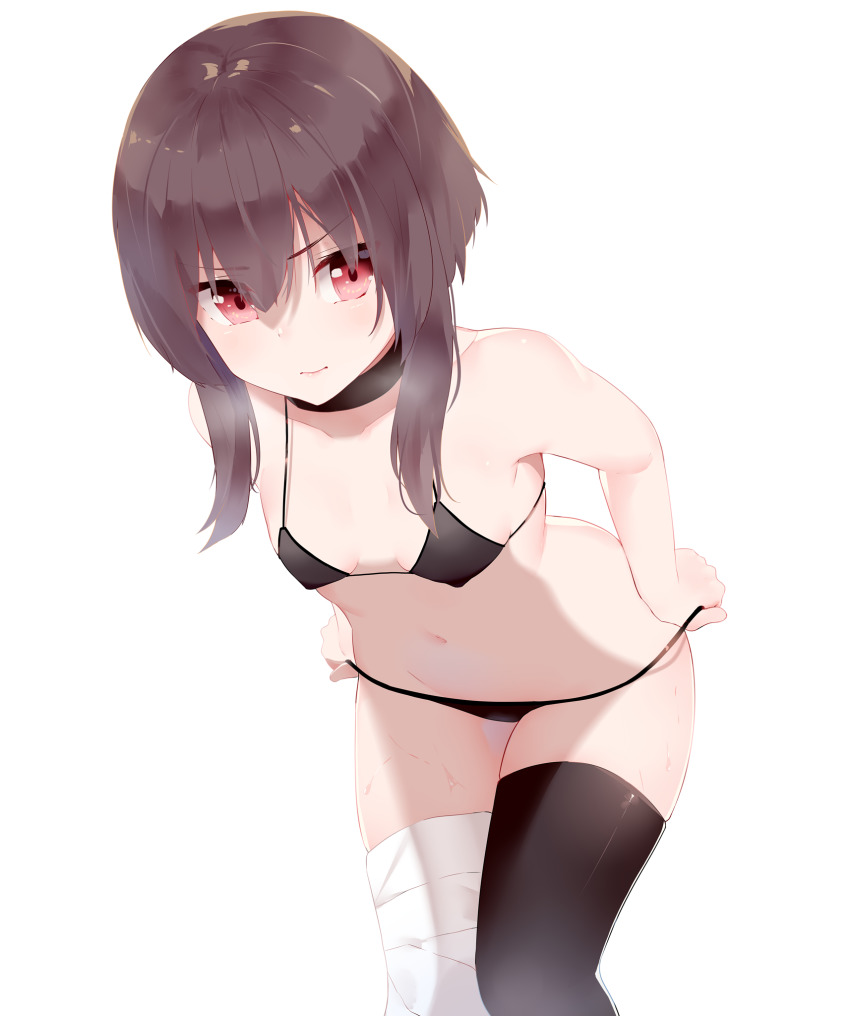1girl, asymmetrical_legwear, bandaged_leg, bandages, bare_arms, bare_shoulders, bikini, bikini_pull, black_bikini, black_choker, black_hair, black_thighhighs, breasts, breasts_apart, choker, closed_mouth, clothes_pull, collarbone, commentary, covered_erect_nipples, cowboy_shot, female_focus, groin, hair_between_eyes, highres, kono_subarashii_sekai_ni_shukufuku_wo!, leaning_forward, looking_at_viewer, megumin, mengo, mismatched_legwear, navel, pulling_own_clothes, red_eyes, short_hair_with_long_locks, sidelocks, simple_background, single_thighhigh, small_breasts, smile, solo, standing, stomach, strap_gap, swimsuit, thighhighs, underboob, white_background