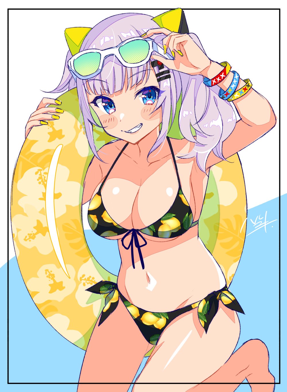 1girl, adjusting_eyewear, arm_up, armpits, bare_shoulders, barefoot, bikini, black_bikini