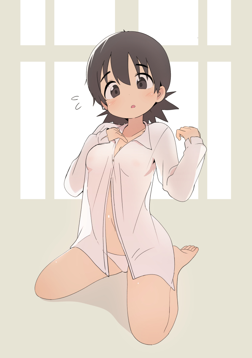 1girl, absurdres, barefoot, blush, breasts, brown_eyes, brown_hair, bural_chingu, eyebrows, feet, female_focus, flying_sweatdrops, full_body, hair_between_eyes, highres, looking_at_viewer, luke_(dydansgur), navel, panties, seong_mi-na_(bural_chingu), shirt, short_hair, sitting, small_breasts, solo, tareme, underwear, wariza, white_shirt