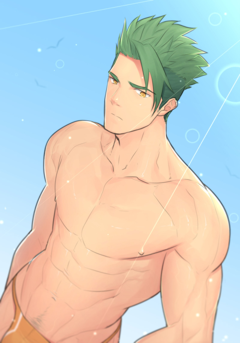 1boy, achilles_(fate), bara, commentary_request, fate/apocrypha, fate/grand_order, fate_(series), green_hair, hunterkay, male_focus, manly, muscular, pubic_hair, simple_background, solo, swimsuit, topless_male, upper_body, yellow_eyes