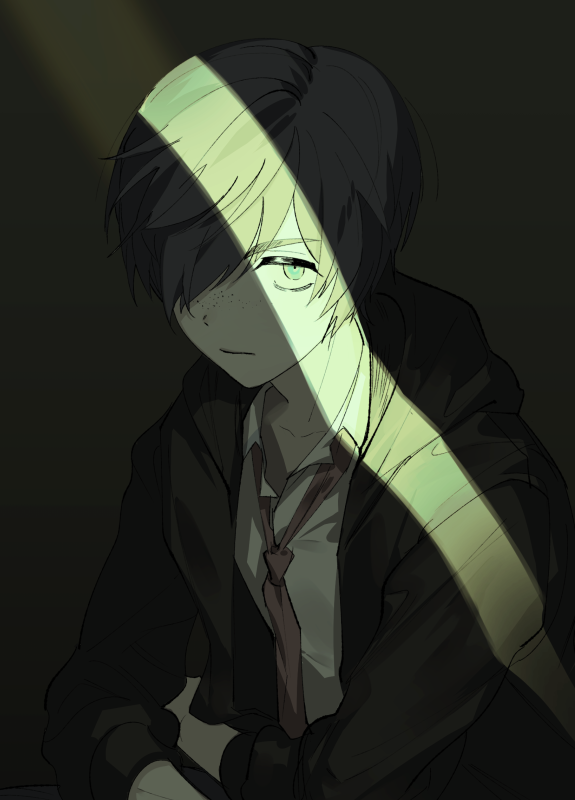 1boy, bad_id, bad_pixiv_id, black_jacket, crack_of_light, freckles, green_eyes, hair_over_one_eye
