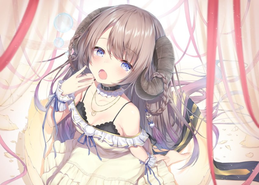 1girl, black_collar, blue_eyes, blush, breasts, brown_hair, collar, collarbone, commentary, cow_horns, curtains, dress, eggshell, from_above, hair_between_eyes, horns, indie_virtual_youtuber, medium_breasts, nanase_subaru, nanase_subaru_(channel), pom_pom_(clothes), sitting, topia, virtual_youtuber, wariza, white_dress, wrist_cuffs, yawning