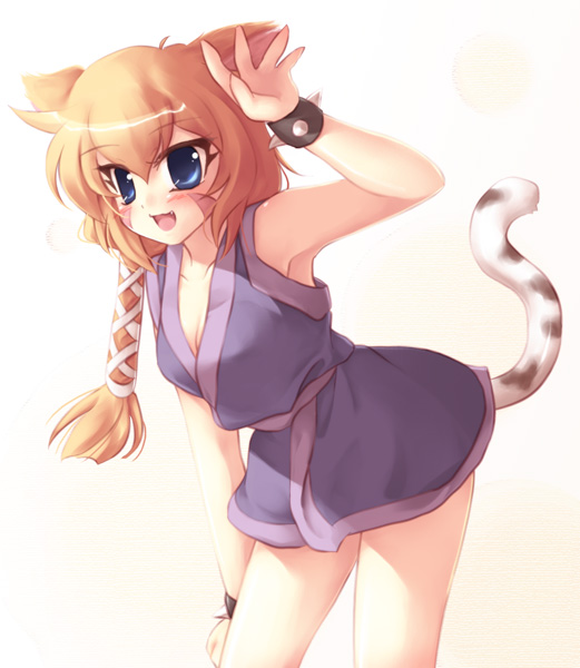1girl, animal_ears, bare_shoulders, bent_over, blue_eyes, blush, bracelet, braid