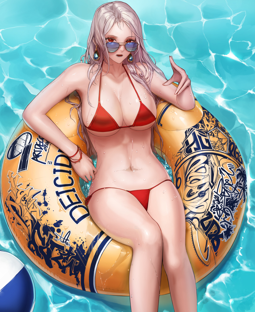1girl, absurdres, aviator_sunglasses, belly, bikini, bracelet, breasts, cleavage