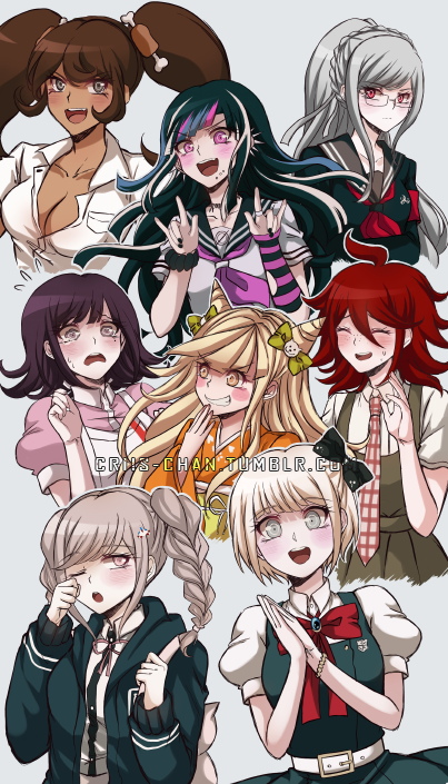6+girls, :d, ahoge, alternate_hair_length, alternate_hairstyle, apron, asymmetrical_sleeves, black_bow