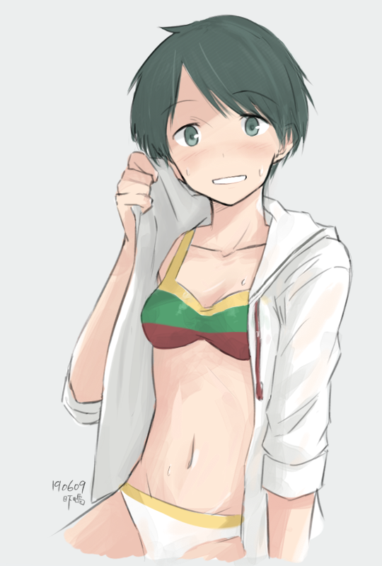 1girl, bikini, bikini_bottom_only, breasts, collarbone, cowboy_shot, dated, drawstring