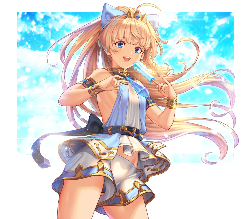1boy, ahoge, aither_(epic_seven), bare_shoulders, blonde_hair, blue_eyes, blush, braid, character_request, clothing_request, commentary_request, crown, day, epic_seven, food, from_below, hair_ornament, highres, holding, kamesu, long_hair, looking_at_viewer, male_focus, outdoors, popsicle, solo, teeth, trap, upper_teeth_only