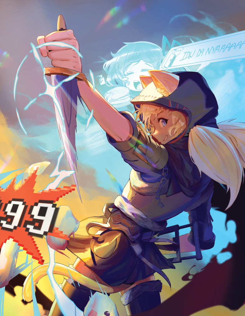 1girl, animal_ears, black_thighhighs, blonde_hair, blue_eyes, bushman_ltd., cat_ears, dutch_angle