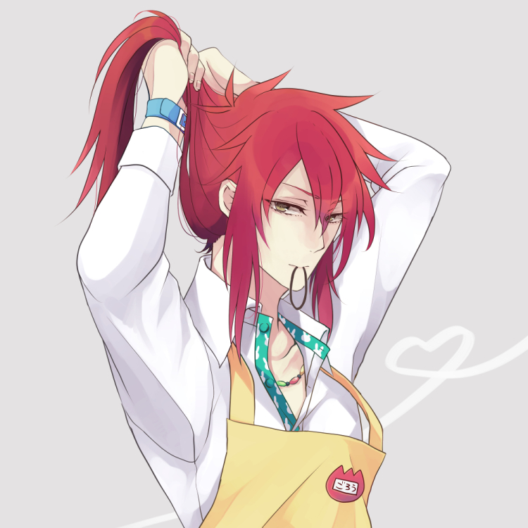 1boy, adjusting_hair, arms_up, grey_background, idolmaster, idolmaster_side-m, jewelry, long_hair, looking_at_viewer, male_focus, mouth_hold, necklace, red_eyes, red_hair, sanjo_goro, simple_background, solo, tying_hair