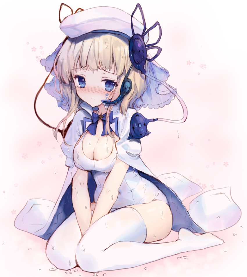 1girl, absurdres, arcaea, beret, between_legs, blonde_hair, blue_cape, blue_eyes, blush, breasts, cape, cleavage, commentary, covered_navel, eto_(arcaea), facial_mark, female_focus, full_body, hair_ornament, hand_between_legs, hat, headset, heart, highres, large_breasts, long_hair, looking_at_viewer, medium_breasts, multicolored_cape, no_shoes, nose_blush, old_school_swimsuit, one-piece_swimsuit, revision, school_swimsuit, sidelocks, sitting, solo, star_(symbol), swimsuit, untranslatable_commentary, tandohark, thighhighs, wariza, wet, wet_clothes, wet_hair, wet_swimsuit, white_cape, white_hat, white_one-piece_swimsuit, white_school_swimsuit, white_thighhighs